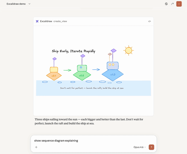 An Excalidraw MCP App drawing a sequence diagram inside a Claude conversation