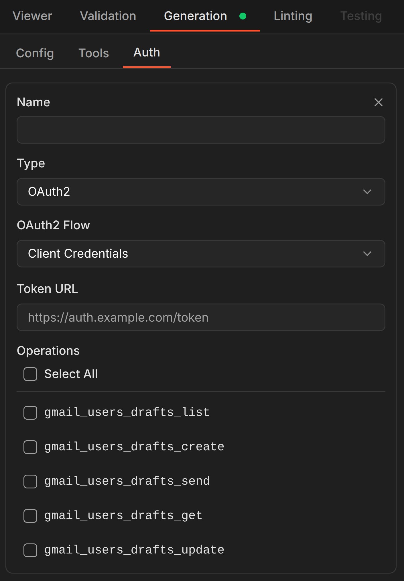 Authentication override configuration — defining a custom OAuth2 scheme with flow type, token URL, and per-operation assignment
