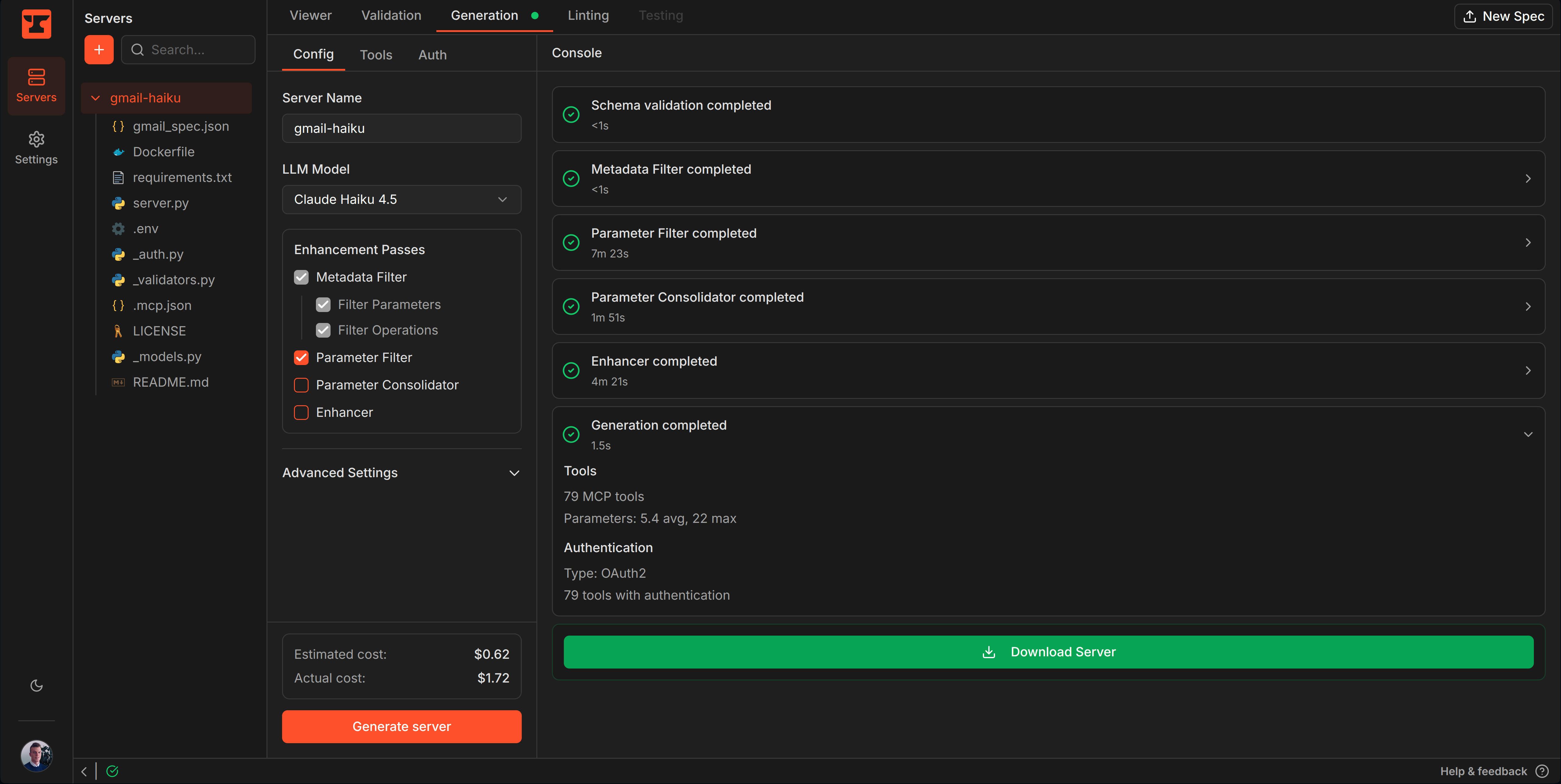 Generation dashboard — showing configuration panel, enhancement passes, console output, and generated server files