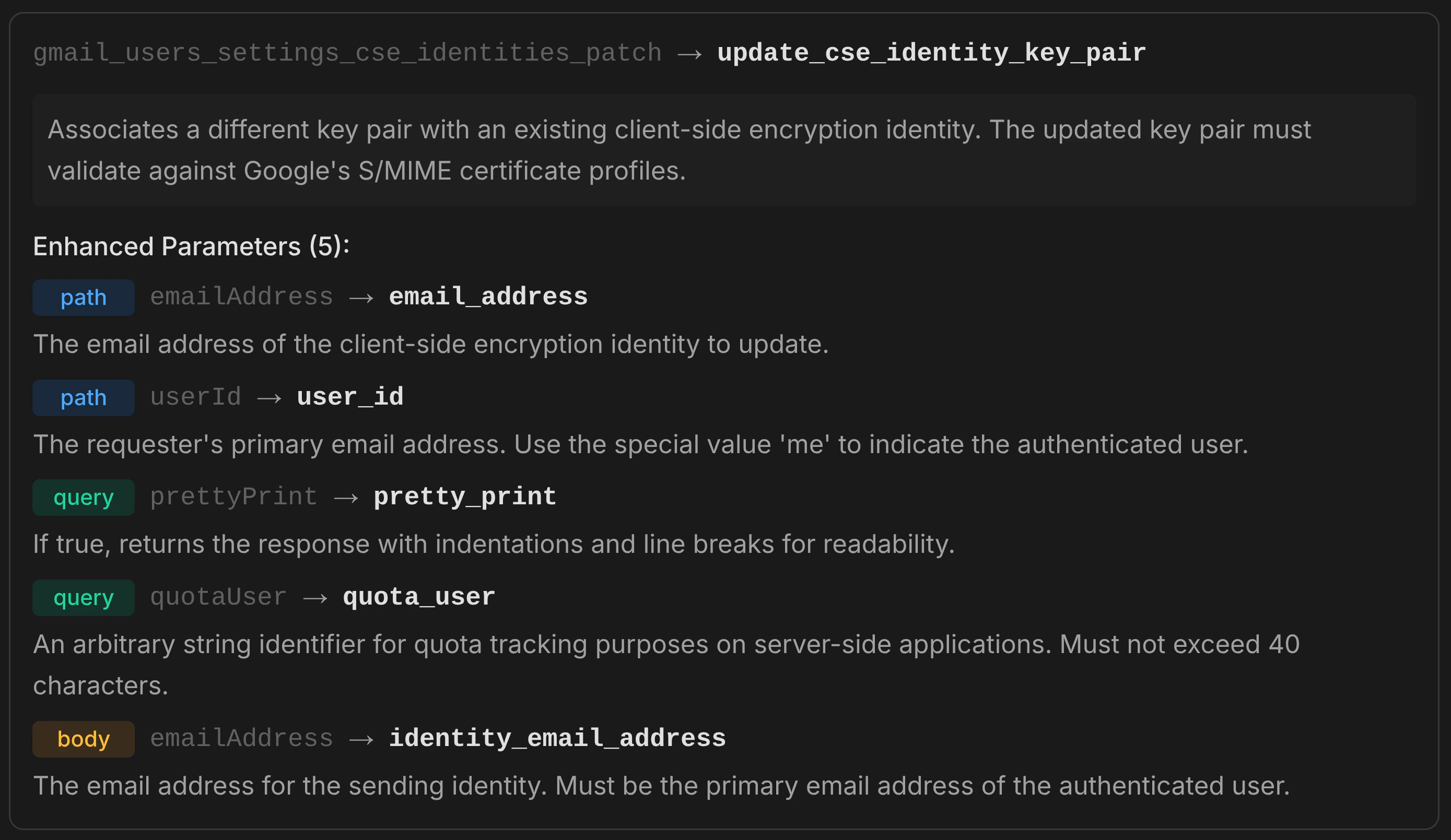 Tool Enhancer example — showing enhanced operation name, description, and parameter metadata