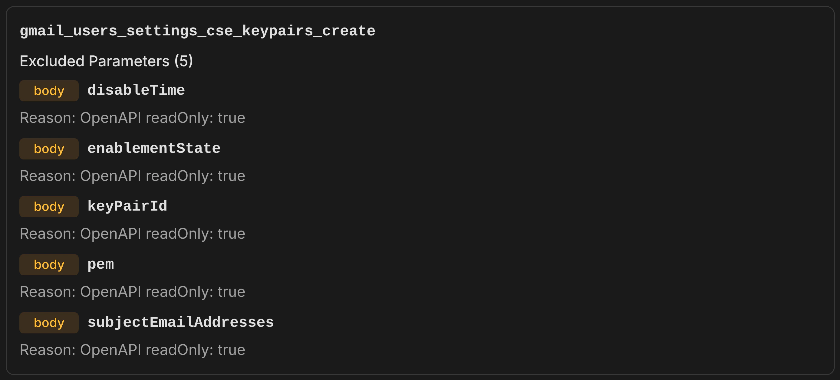Metadata Filter example — showing excluded read-only and deprecated parameters per operation