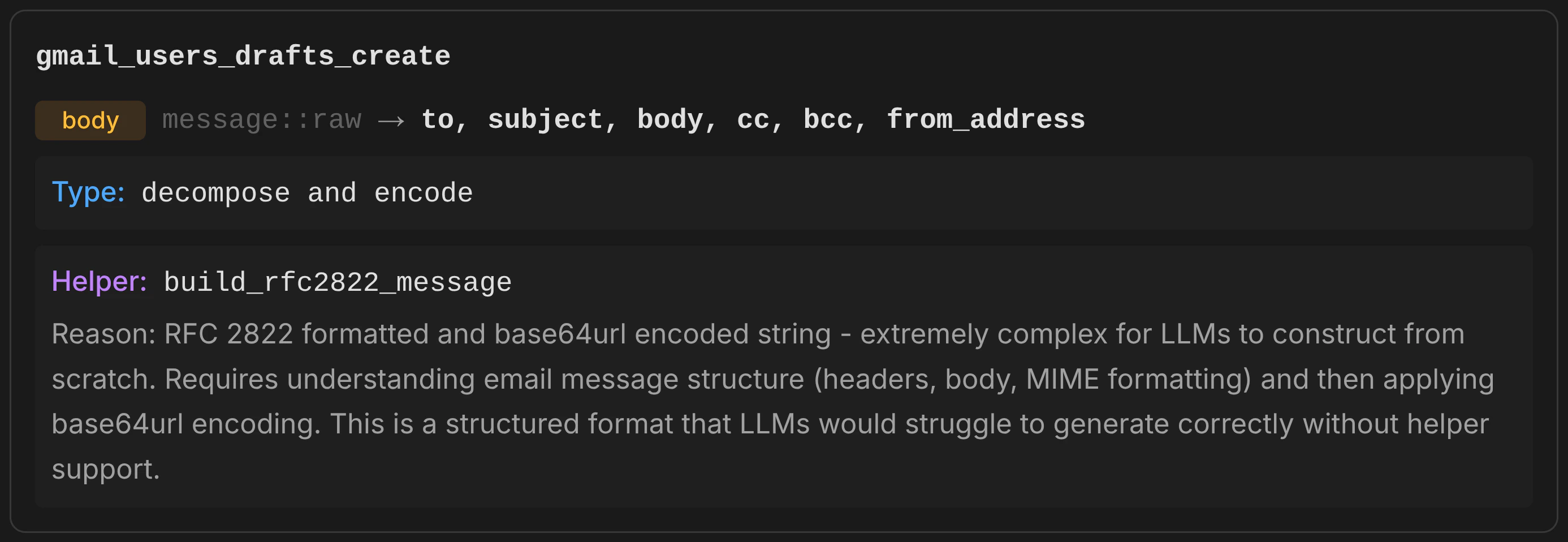 Parameter Consolidator example — showing a complex parameter decomposed into simple fields with a helper function