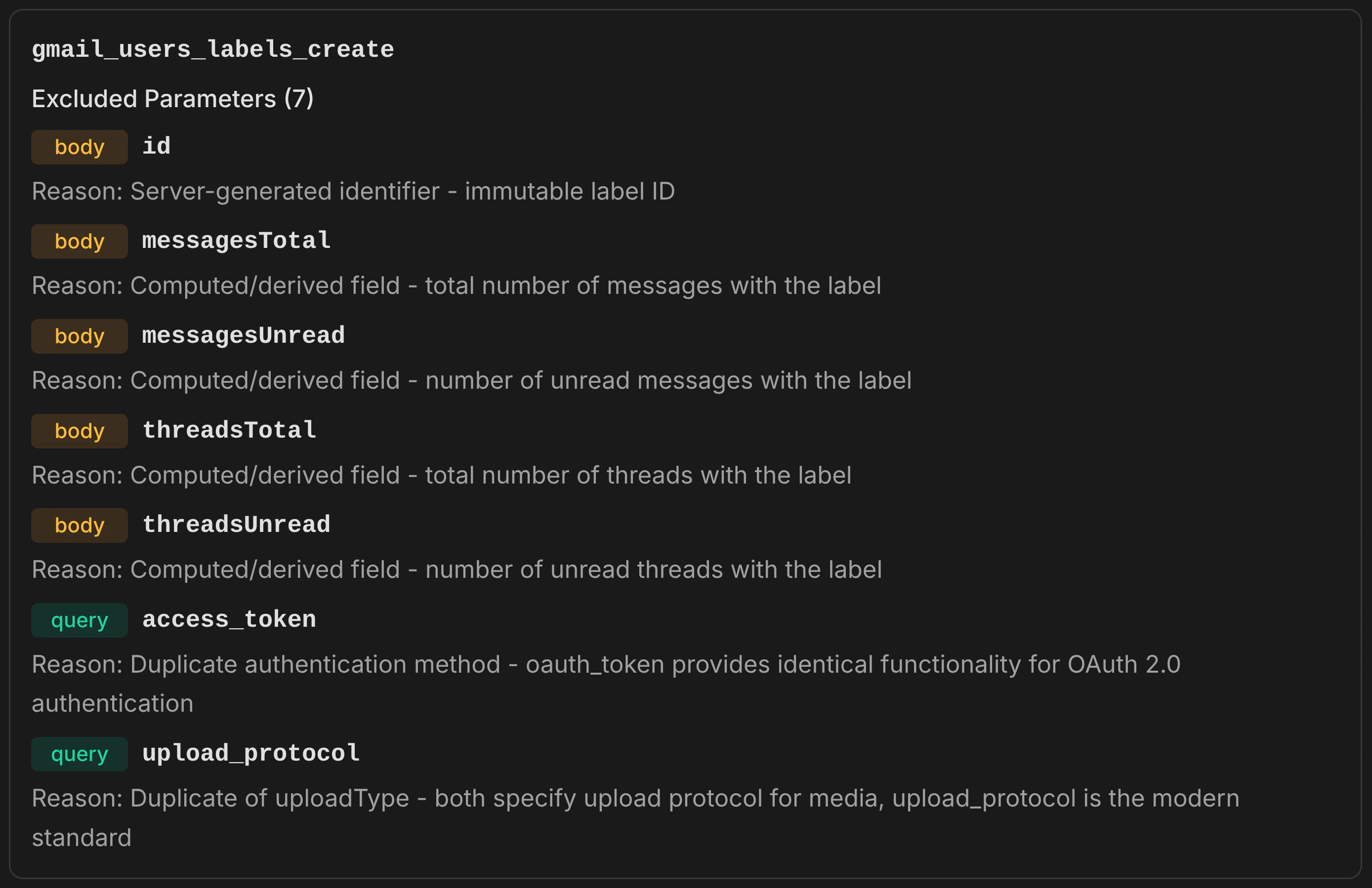 Parameter Filter example — showing excluded parameters with AI-generated reasoning