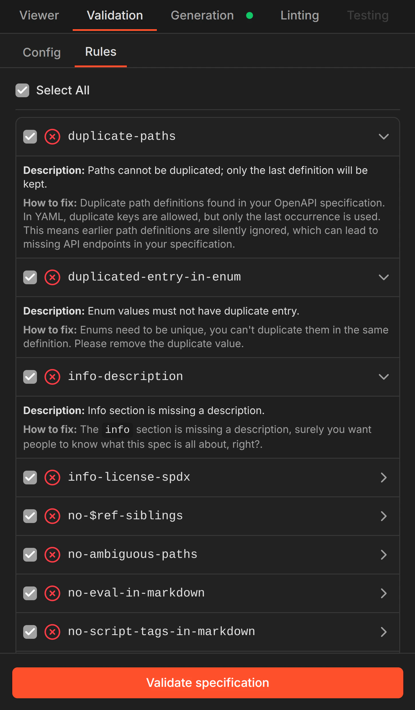 Validation rules panel — showing configurable validation rules with descriptions and fix suggestions