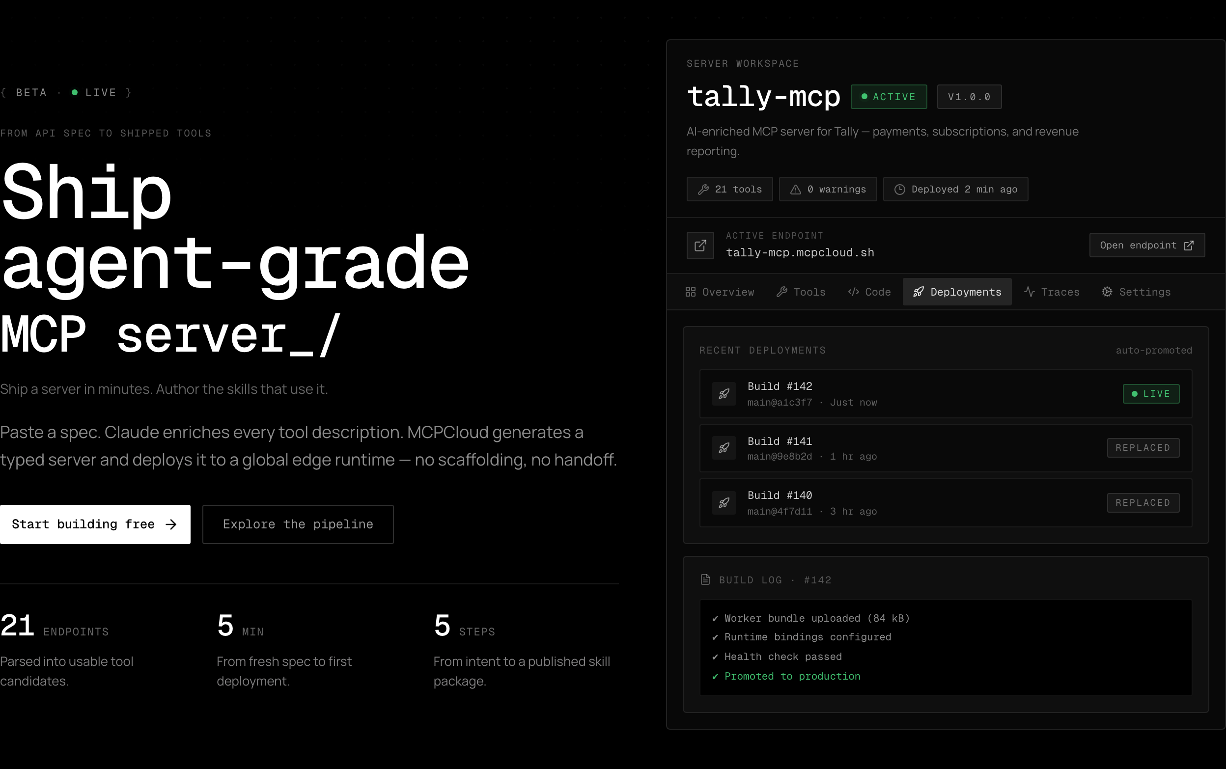 MCPCloud landing — ship agent-grade MCP servers