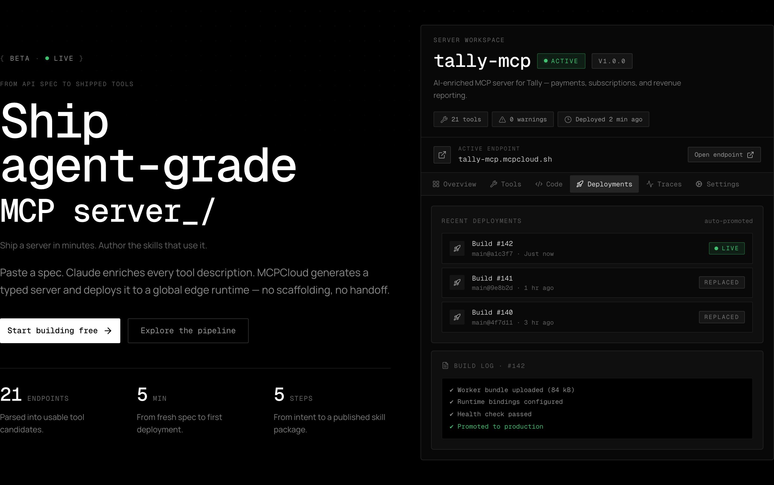 MCPCloud landing — ship agent-grade MCP servers
