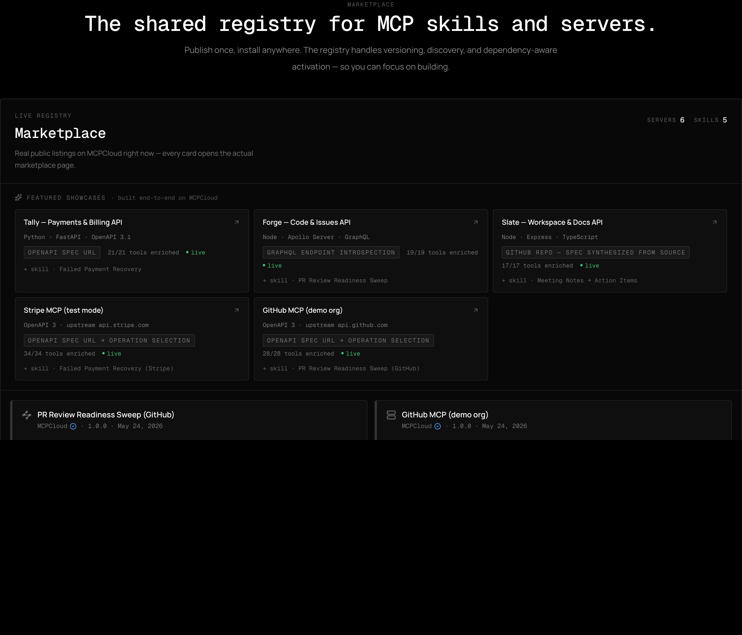MCPCloud marketplace with server and skill listings