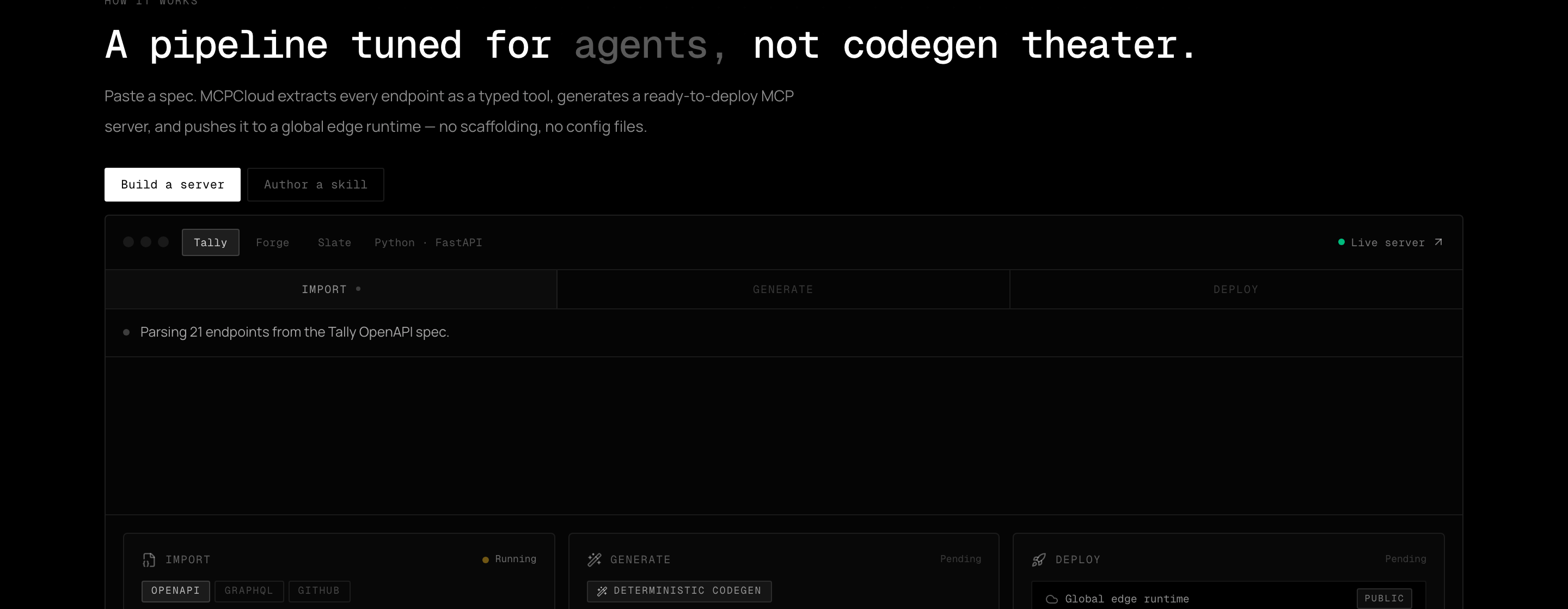 Import, generate, deploy pipeline