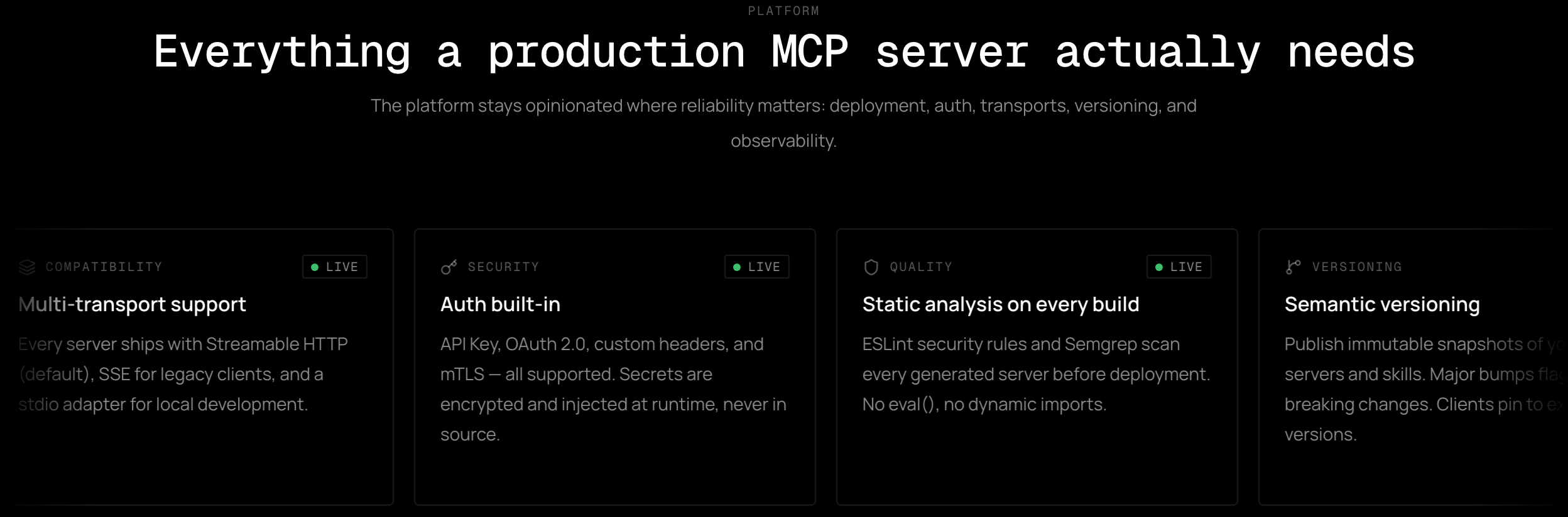 Platform features: transports, auth, static analysis, versioning