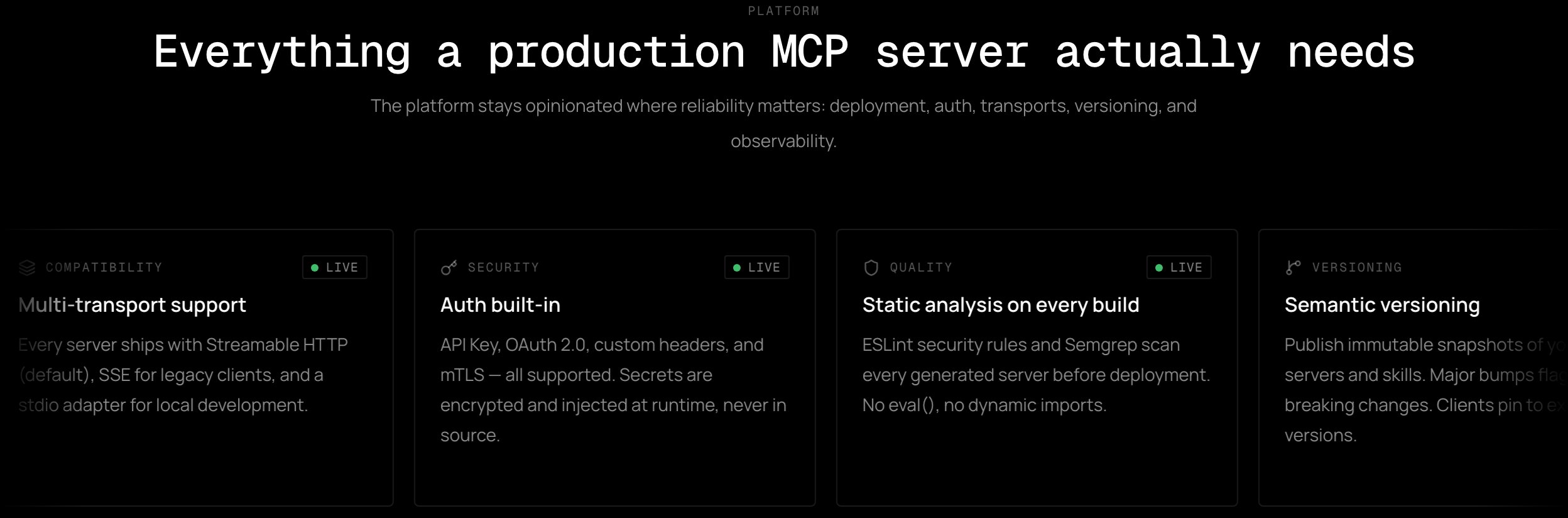 Platform features: transports, auth, static analysis, versioning