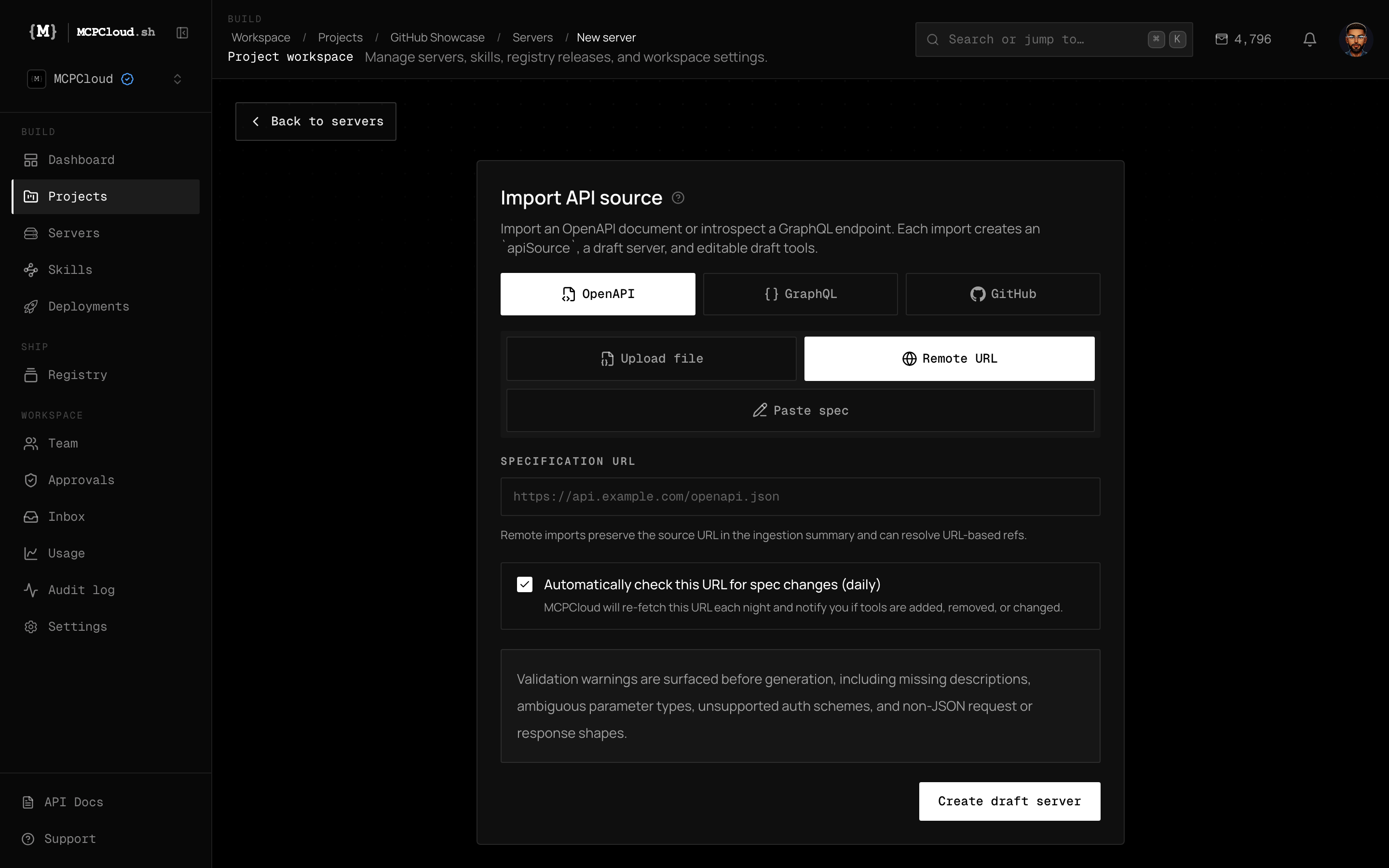 MCPCloud Import API source screen