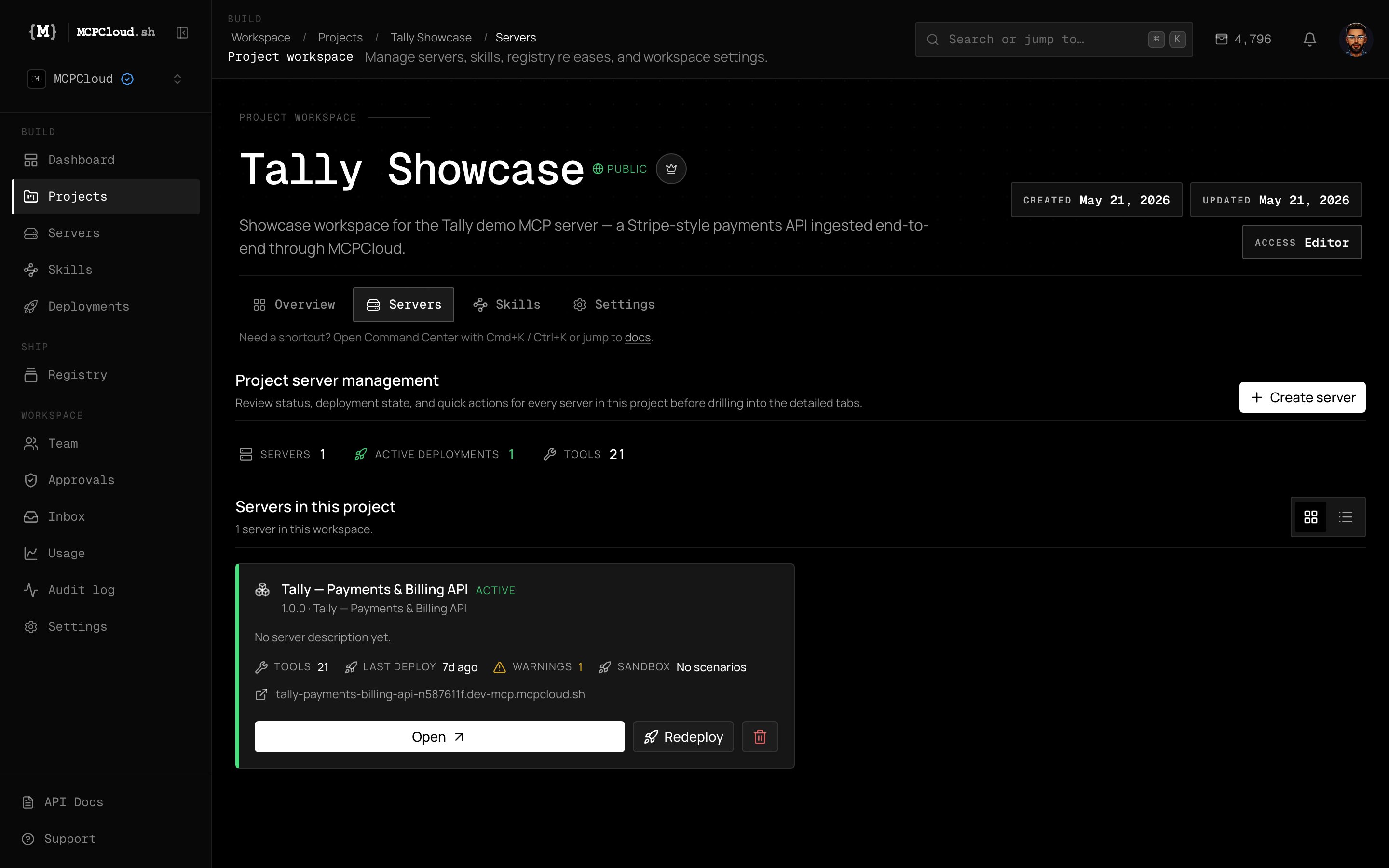 A server in the MCPCloud dashboard