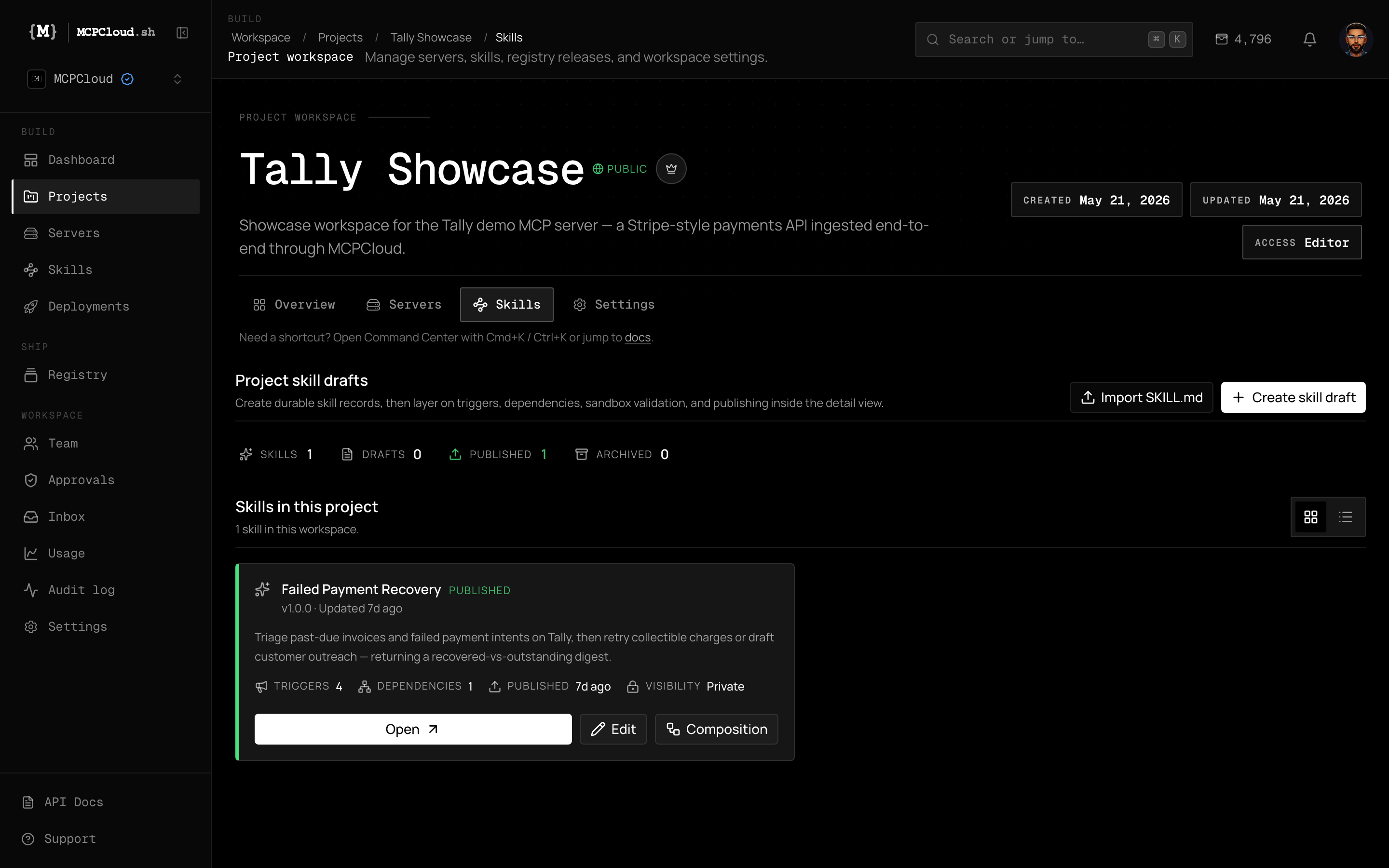 A skill in the MCPCloud dashboard