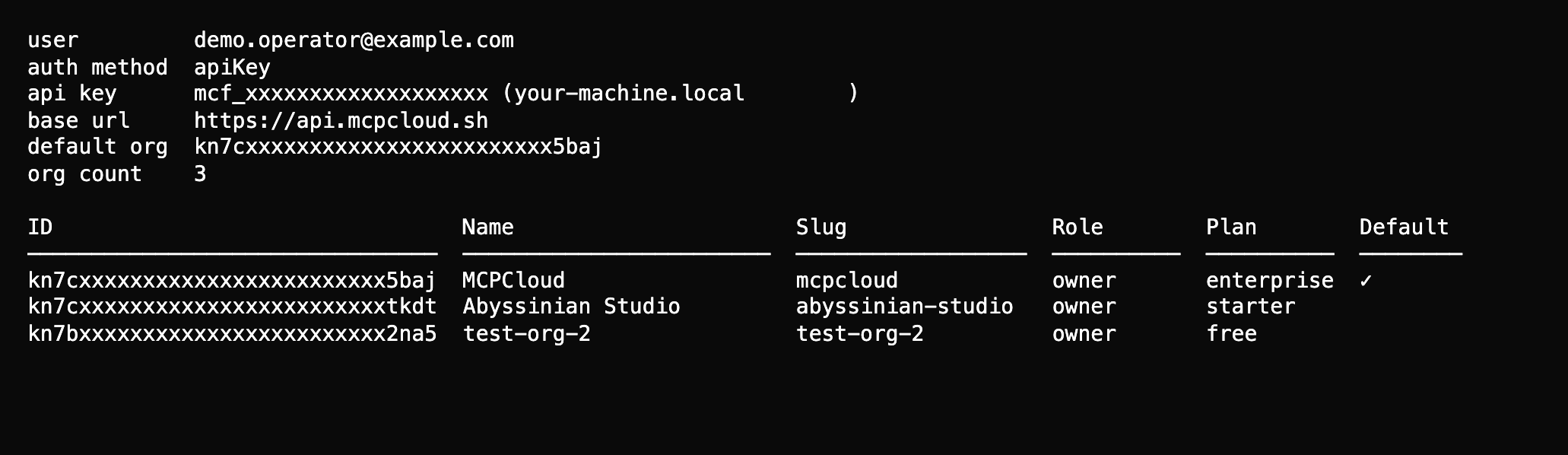 mcp whoami output