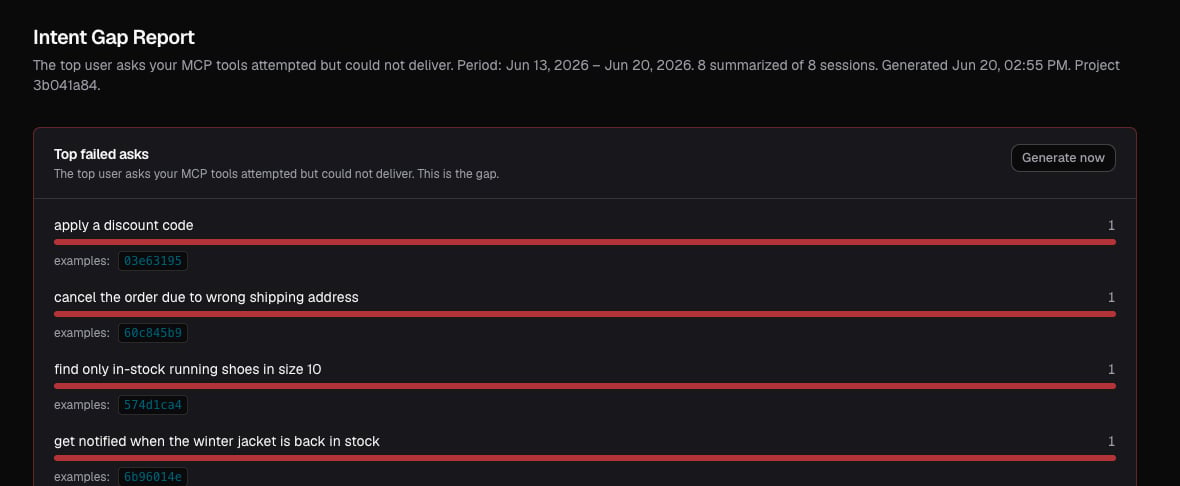 mcpeye Intent Gap Report: the top failed asks your MCP tools attempted but could not deliver