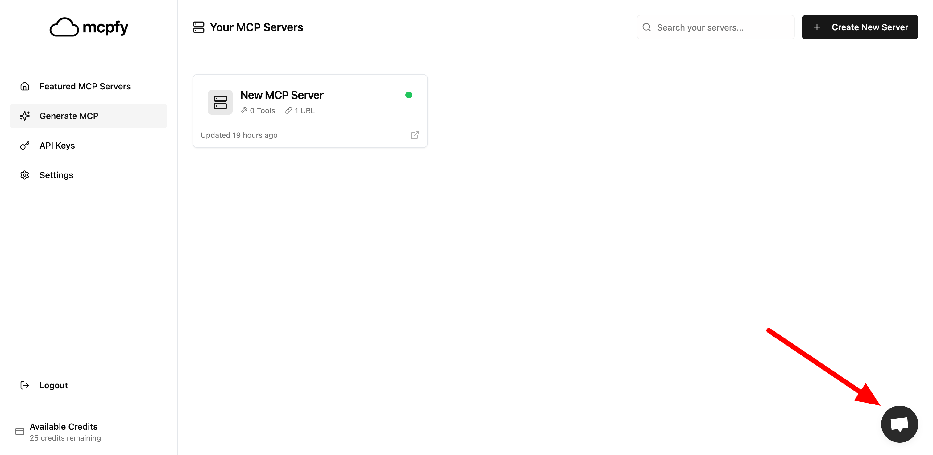 MCPfy chat widget located in the bottom-right corner of the dashboard