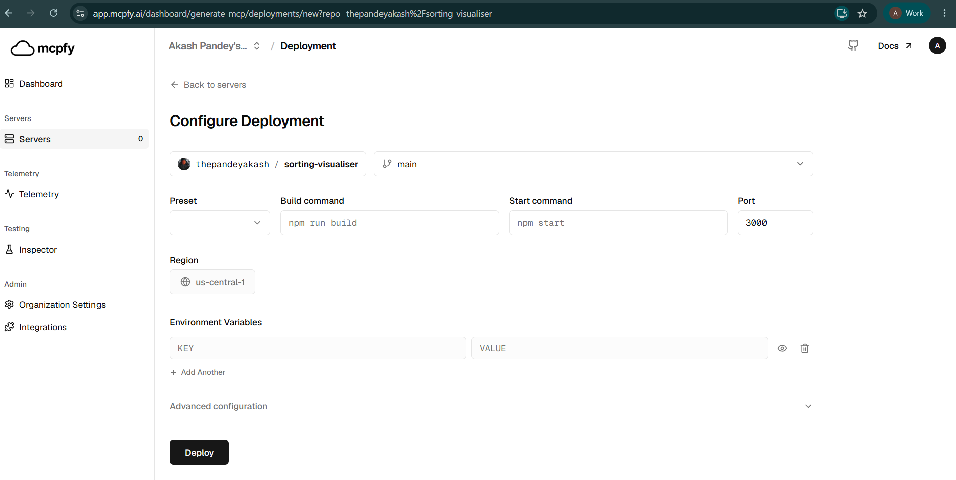Complete deployment configuration screen