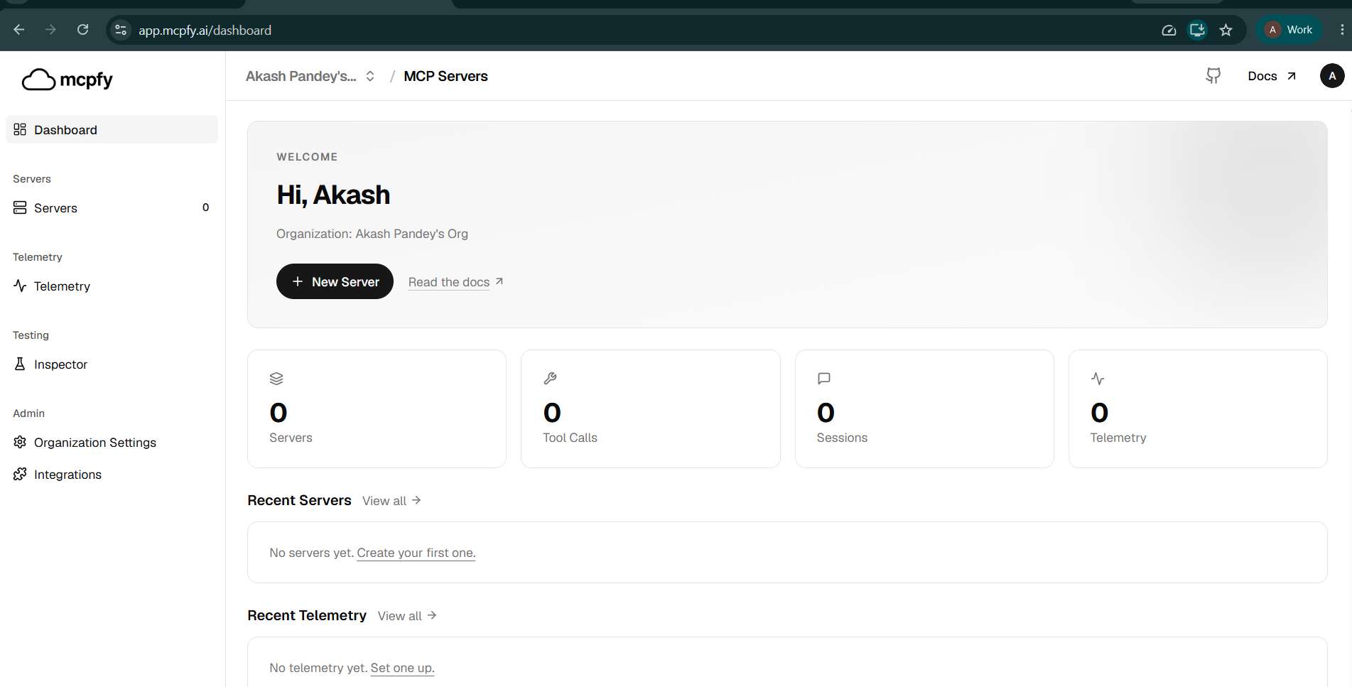 Mcpfy dashboard showing the Servers section and New Server button