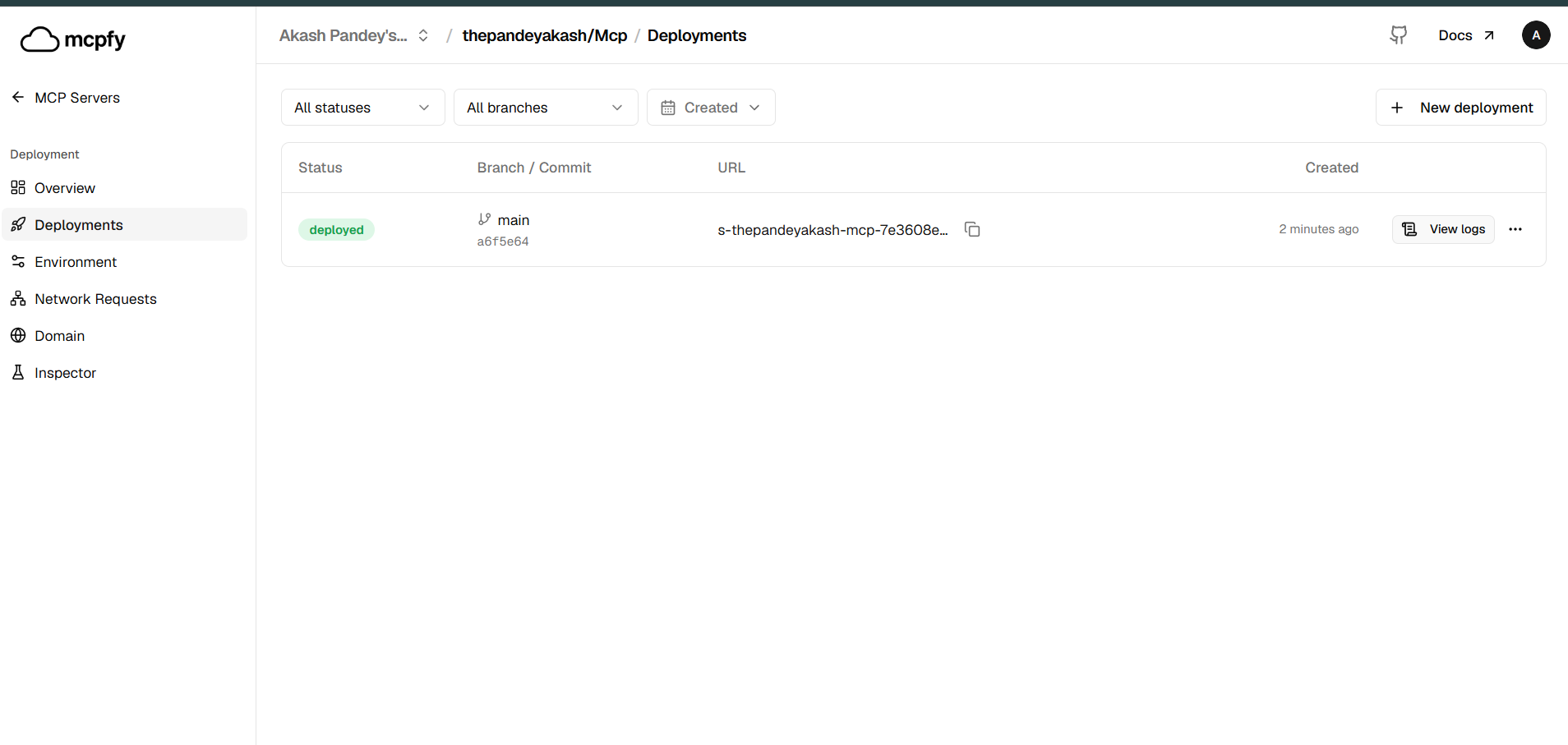 Successful deployment showing deployment status and details