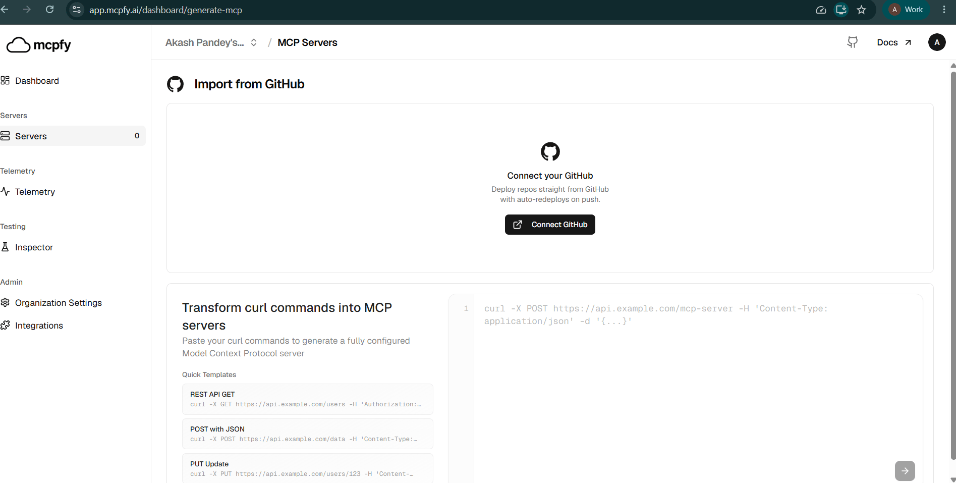 Import from GitHub screen