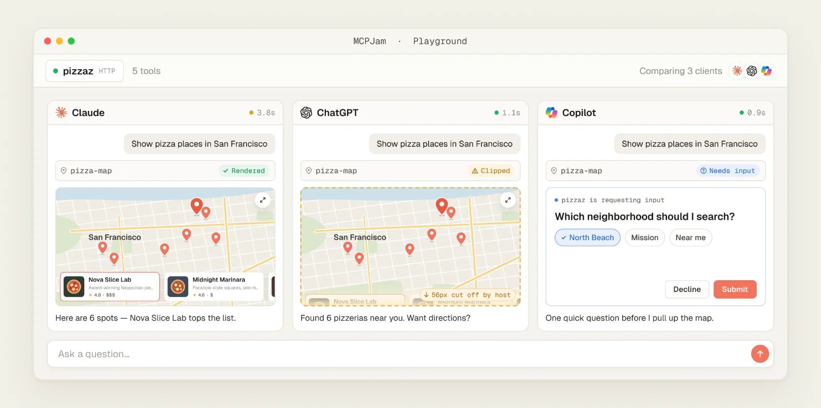 MCPJam Inspector playground comparing one prompt across Claude, ChatGPT, and Copilot
