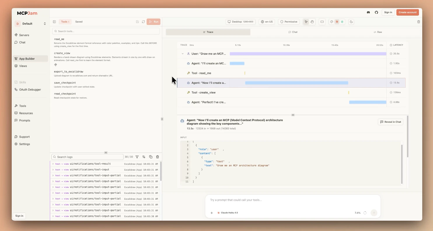 App Builder Trace view showing a timestamped timeline of steps with latency and token counts