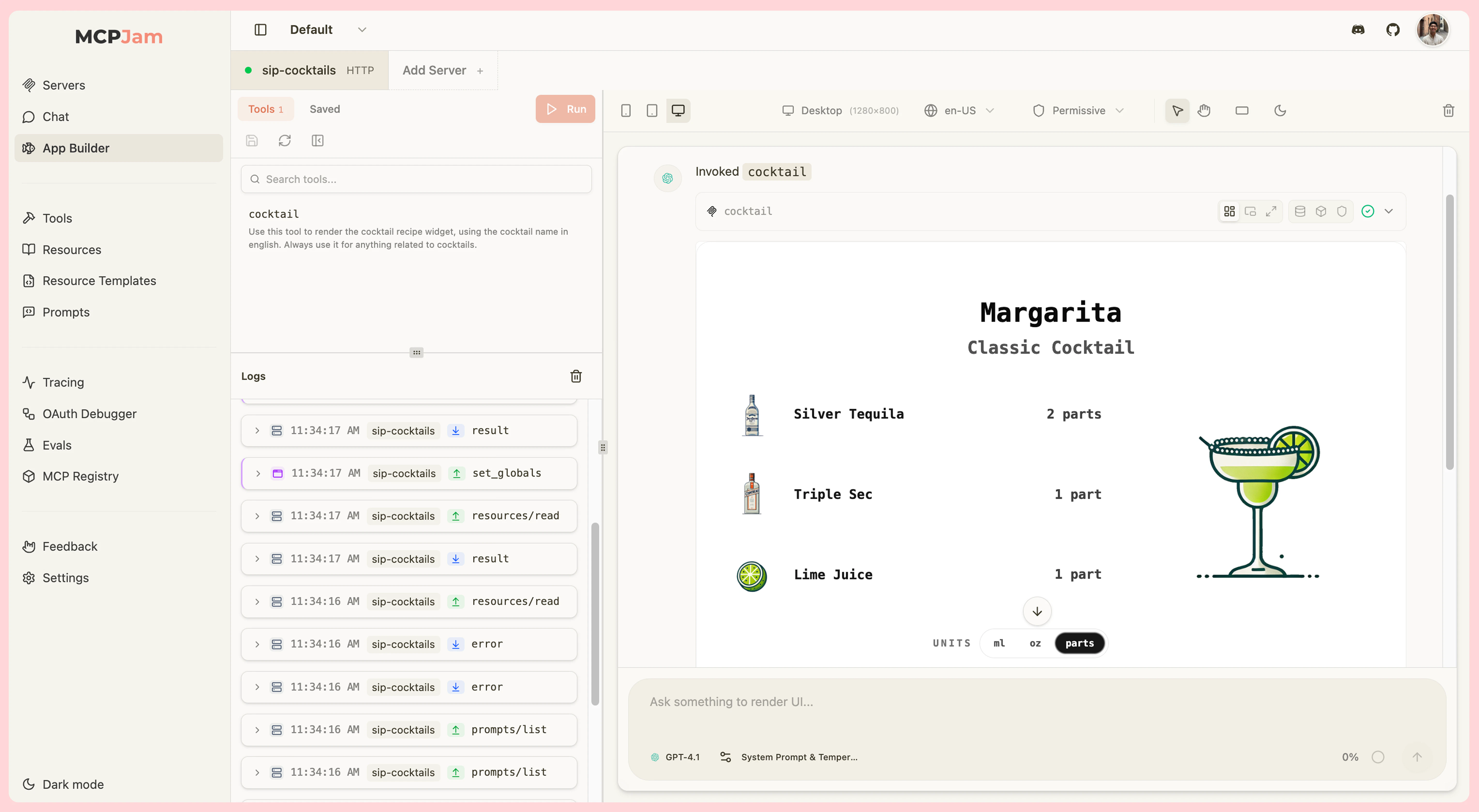 MCPJam App Builder Interface