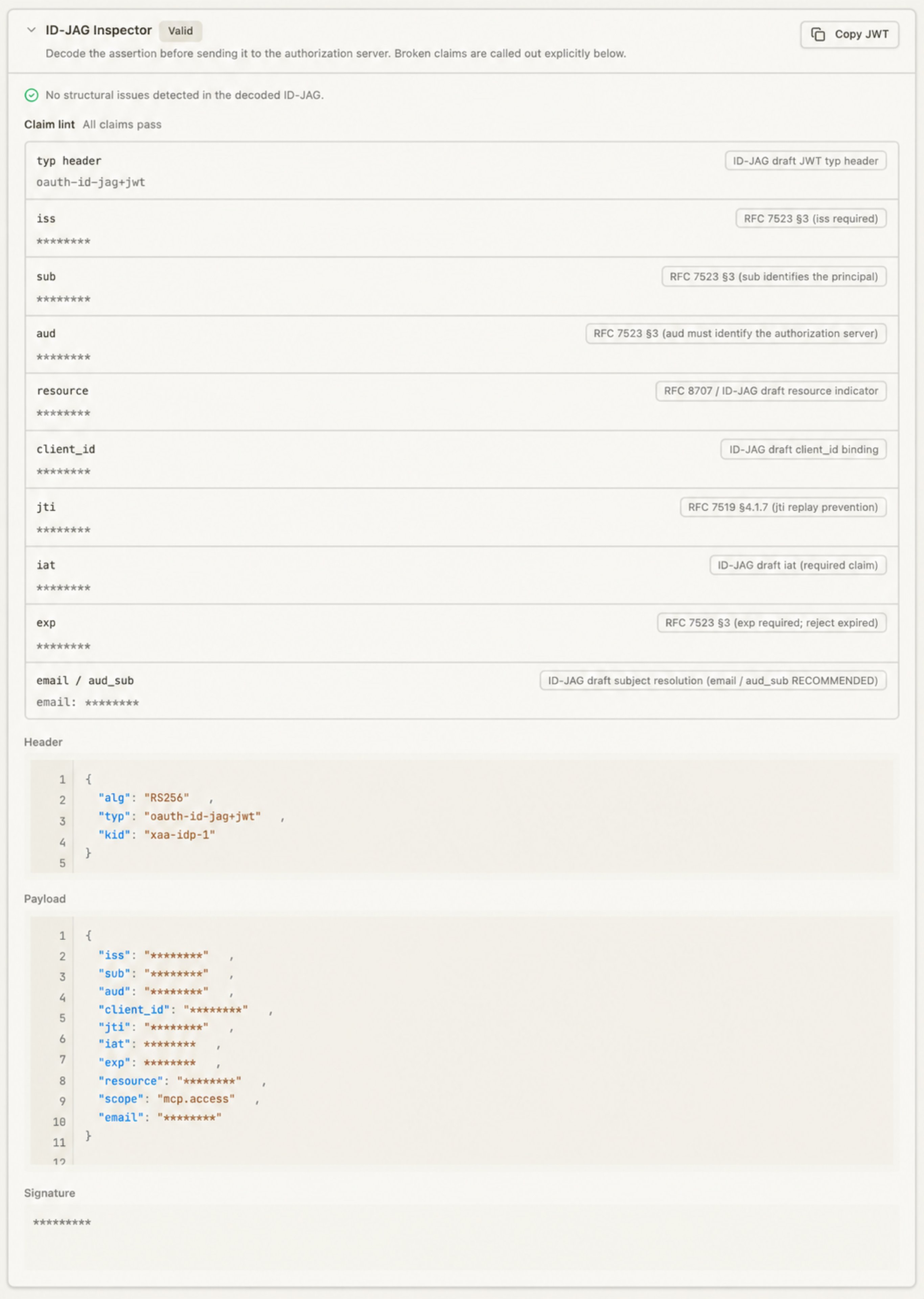 ID-JAG Inspector showing the assertion claims, header, payload, and signature
