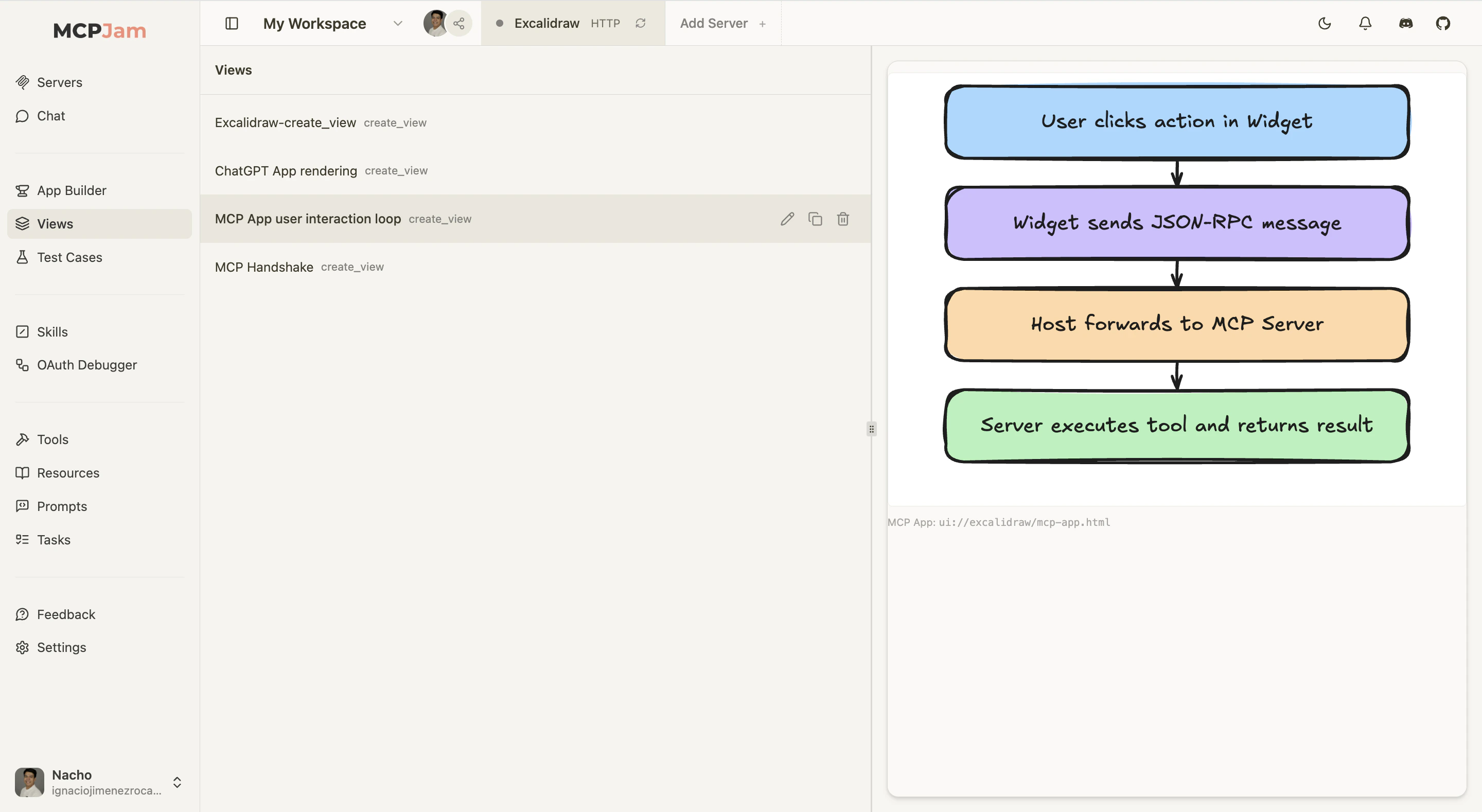 MCPJam Views tab showing the sidebar list and widget preview