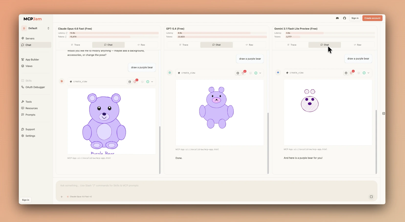 MCPJam Chat running the same prompt across multiple models in split-screen