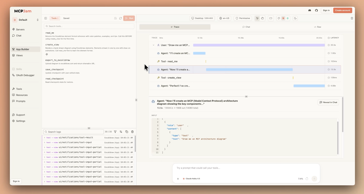 Trace view showing a timestamped timeline with latency and token counts