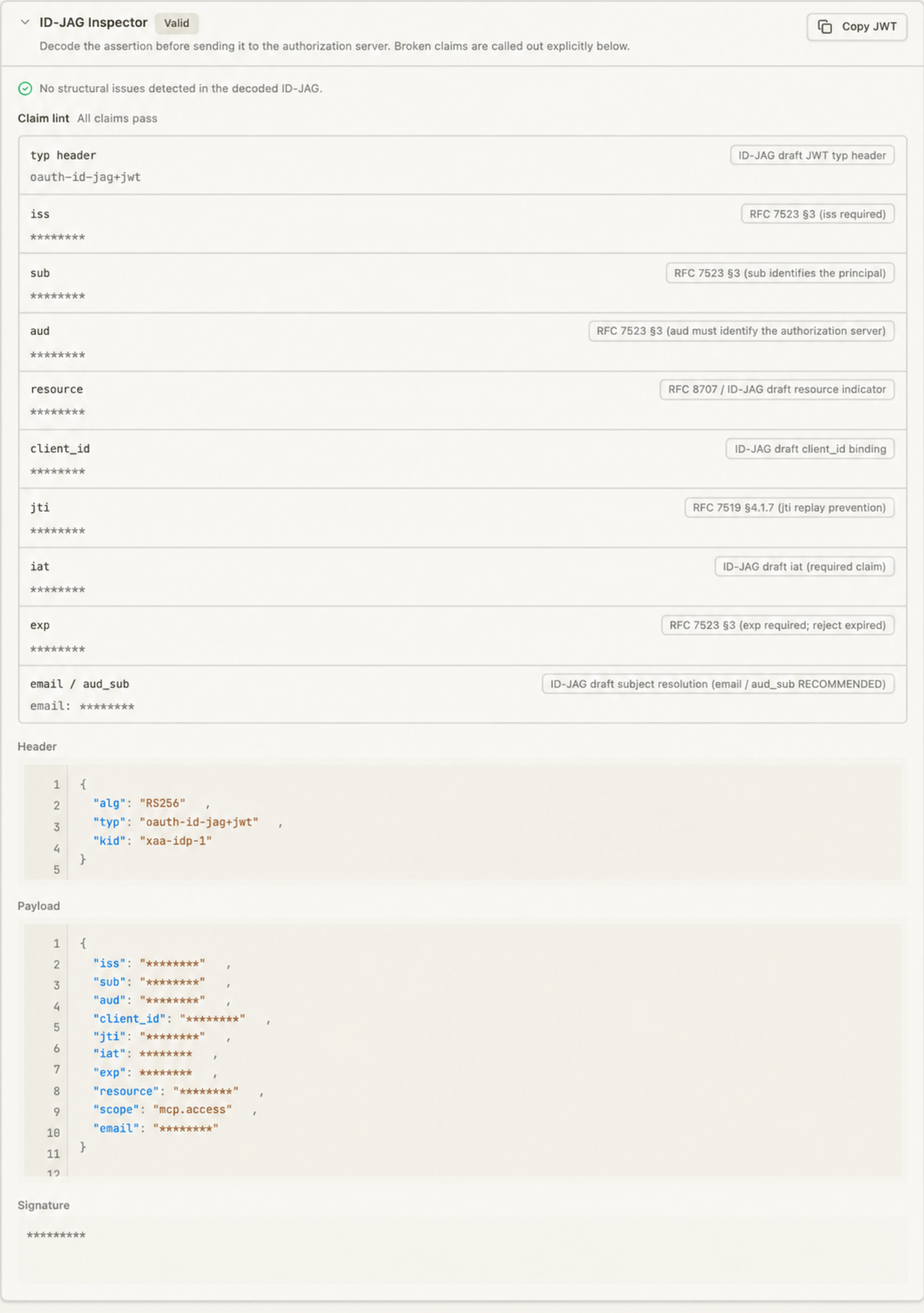 ID-JAG Inspector showing the assertion claims, header, payload, and signature