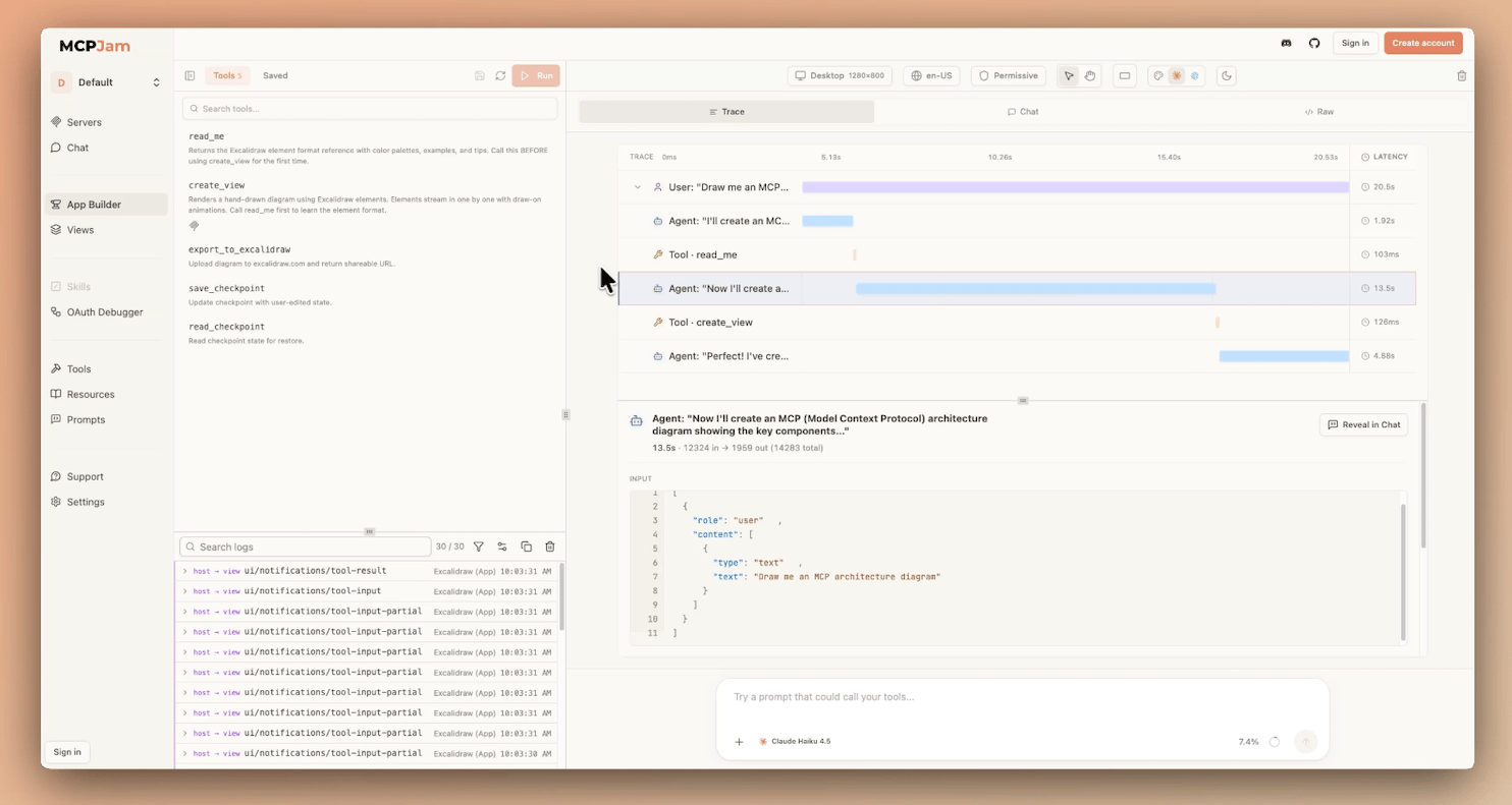 Trace view showing a timestamped timeline with latency and token counts