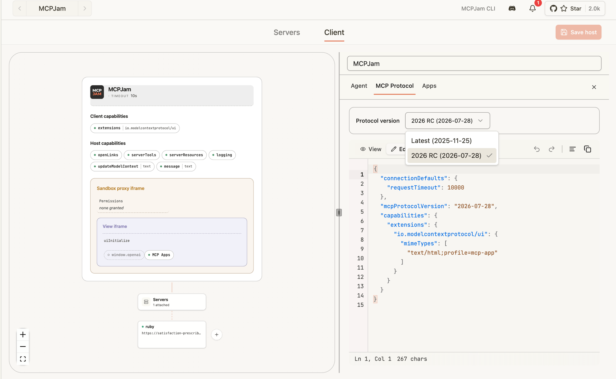Client editor with the MCP Protocol tab open and the Protocol version dropdown showing Automatic, Latest (2026-07-28), November (2025-11-25), 2025-06-18, and 2025-03-26 options