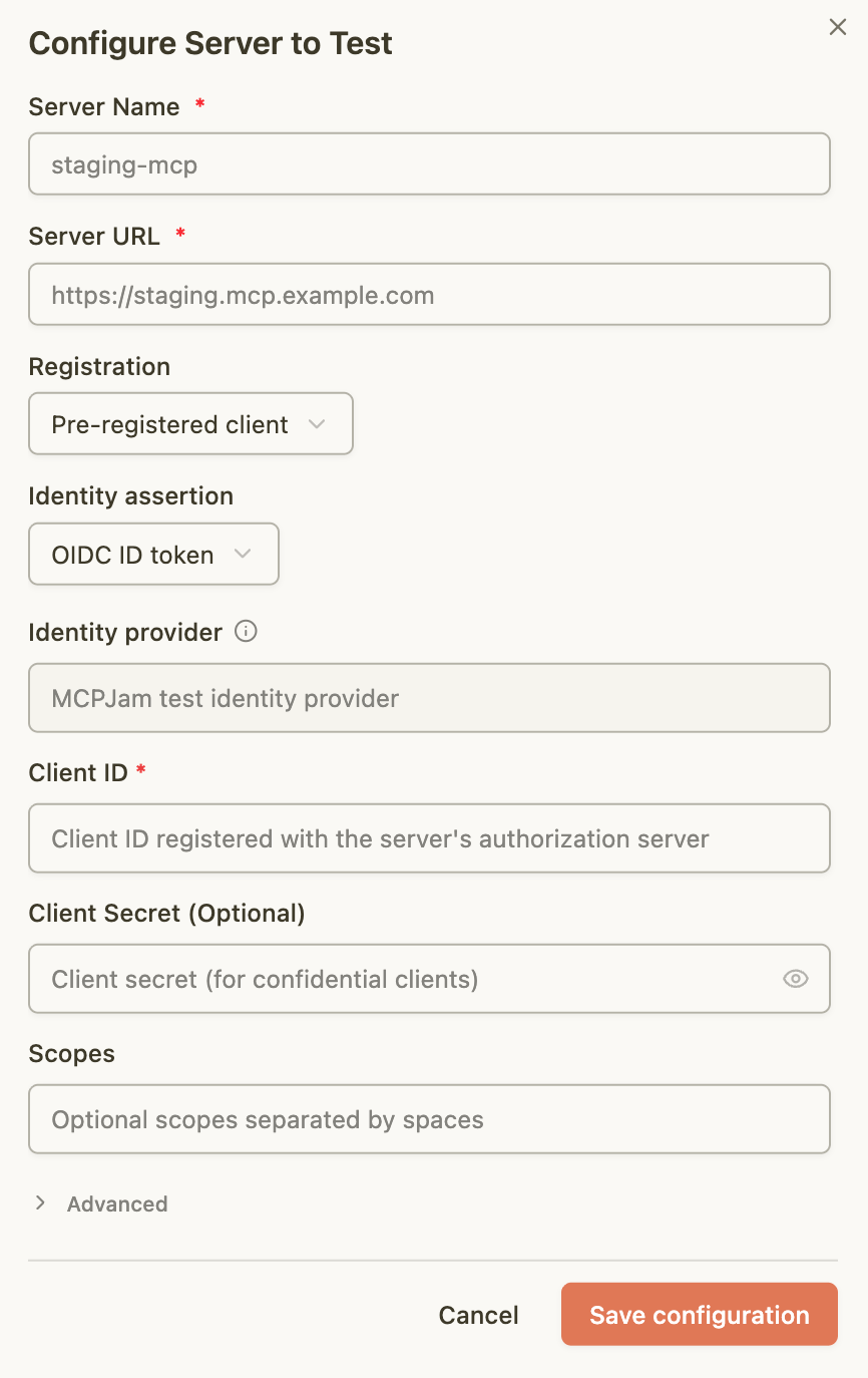 Server configuration fields in the XAA Debugger