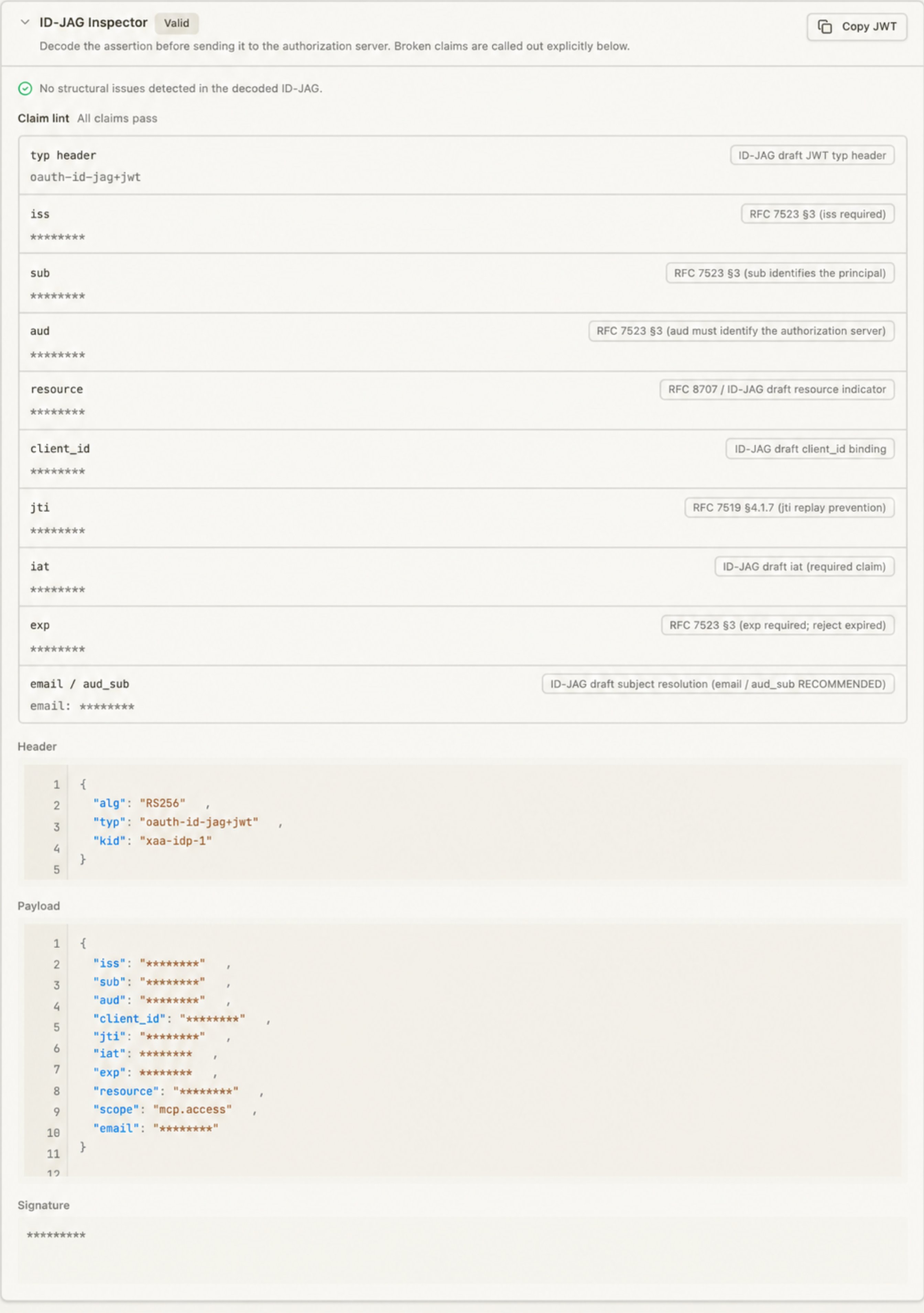 ID-JAG Inspector showing the assertion claims, header, payload, and signature