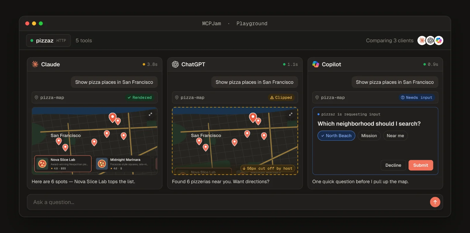 MCPJam Inspector playground comparing one prompt across Claude, ChatGPT, and Copilot