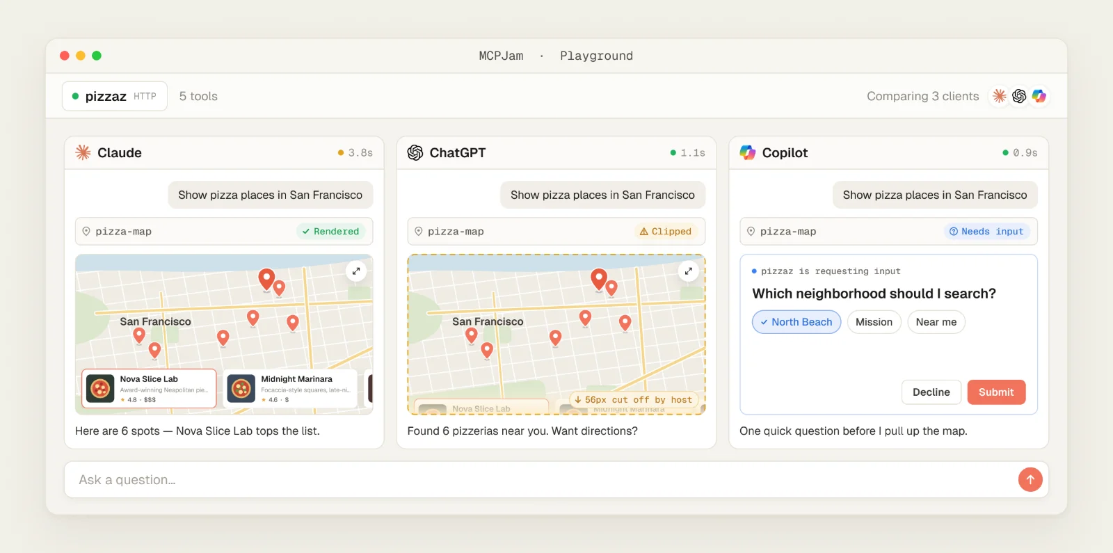 MCPJam Inspector playground comparing one prompt across Claude, ChatGPT, and Copilot