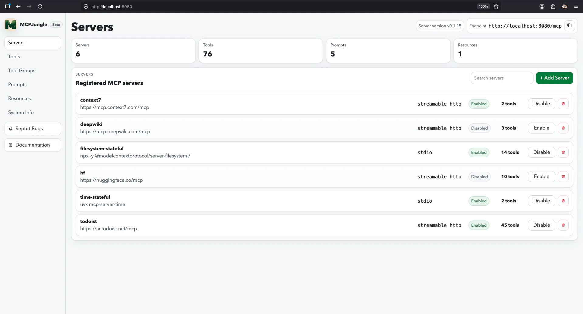 MCPJungle dashboard UI