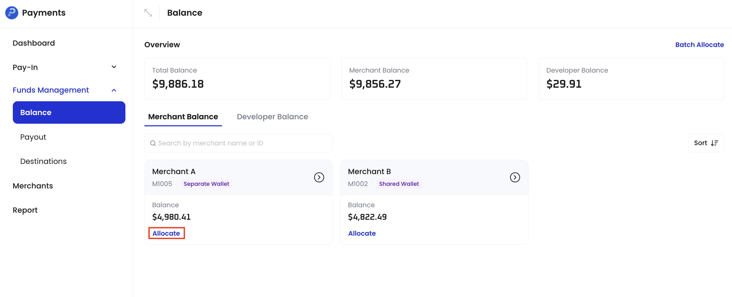 Allocate funds between accounts