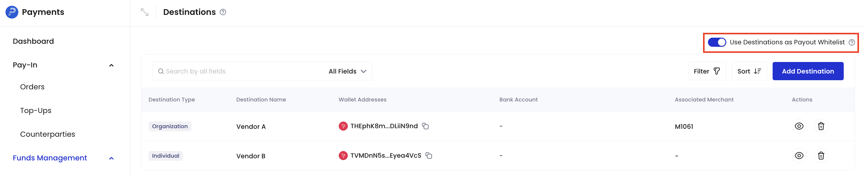 Destination whitelist