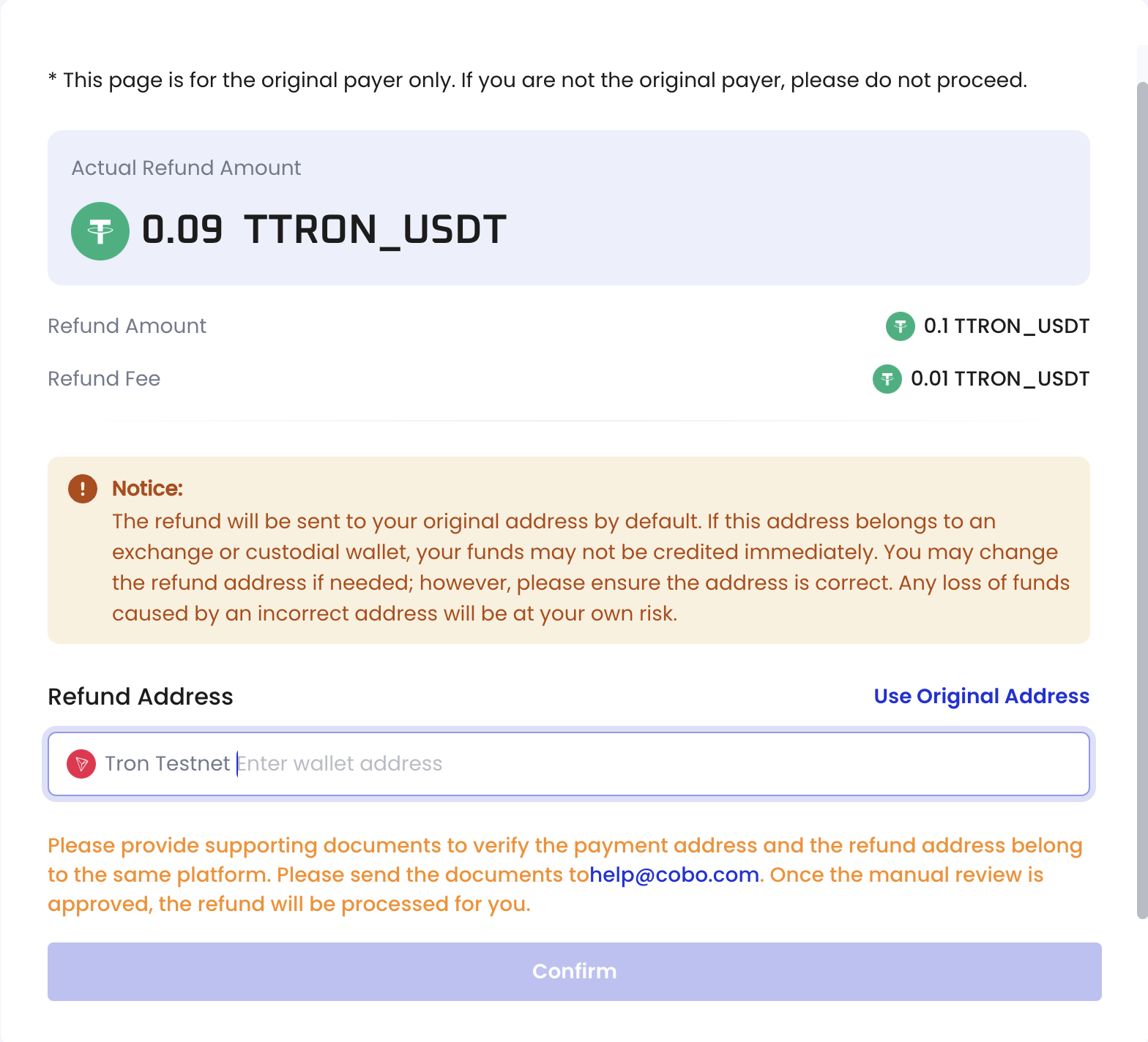 Refund address collection page - change address
