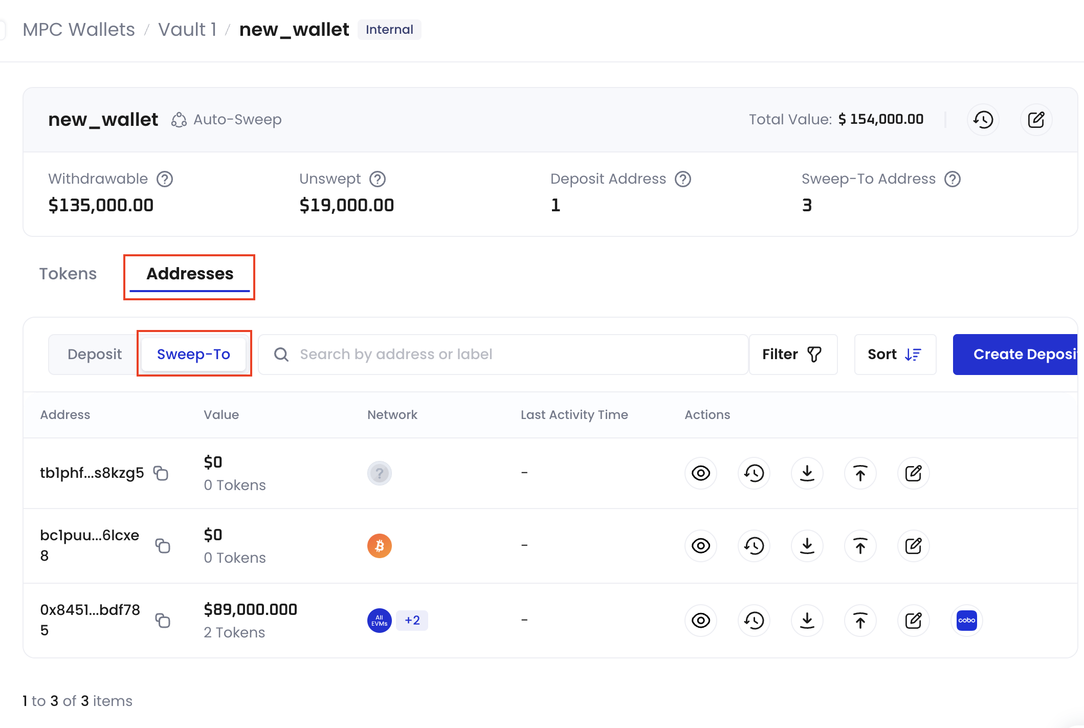 Wallet sweep-to destination address list