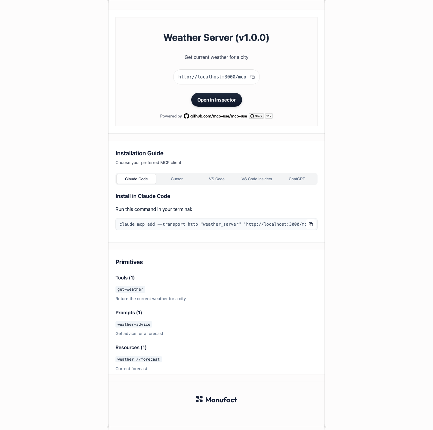 Built-in MCP landing page for a Weather Server, with connection buttons, client tabs, and primitive lists