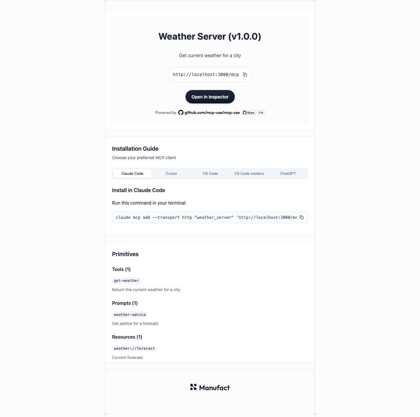 Built-in MCP landing page for a Weather Server, with connection buttons, client tabs, and primitive lists