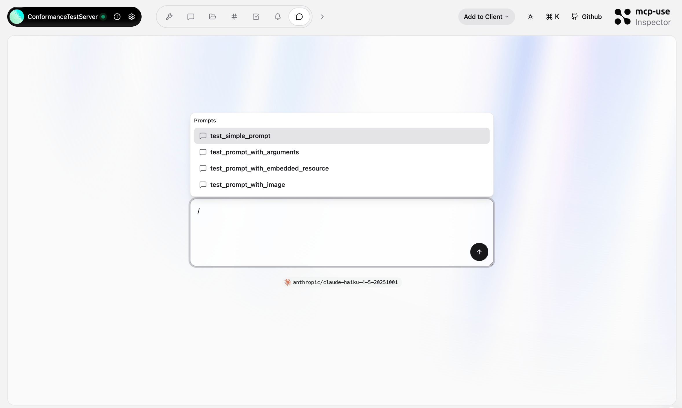 Chat input with prompts dropdown showing available prompts after typing /