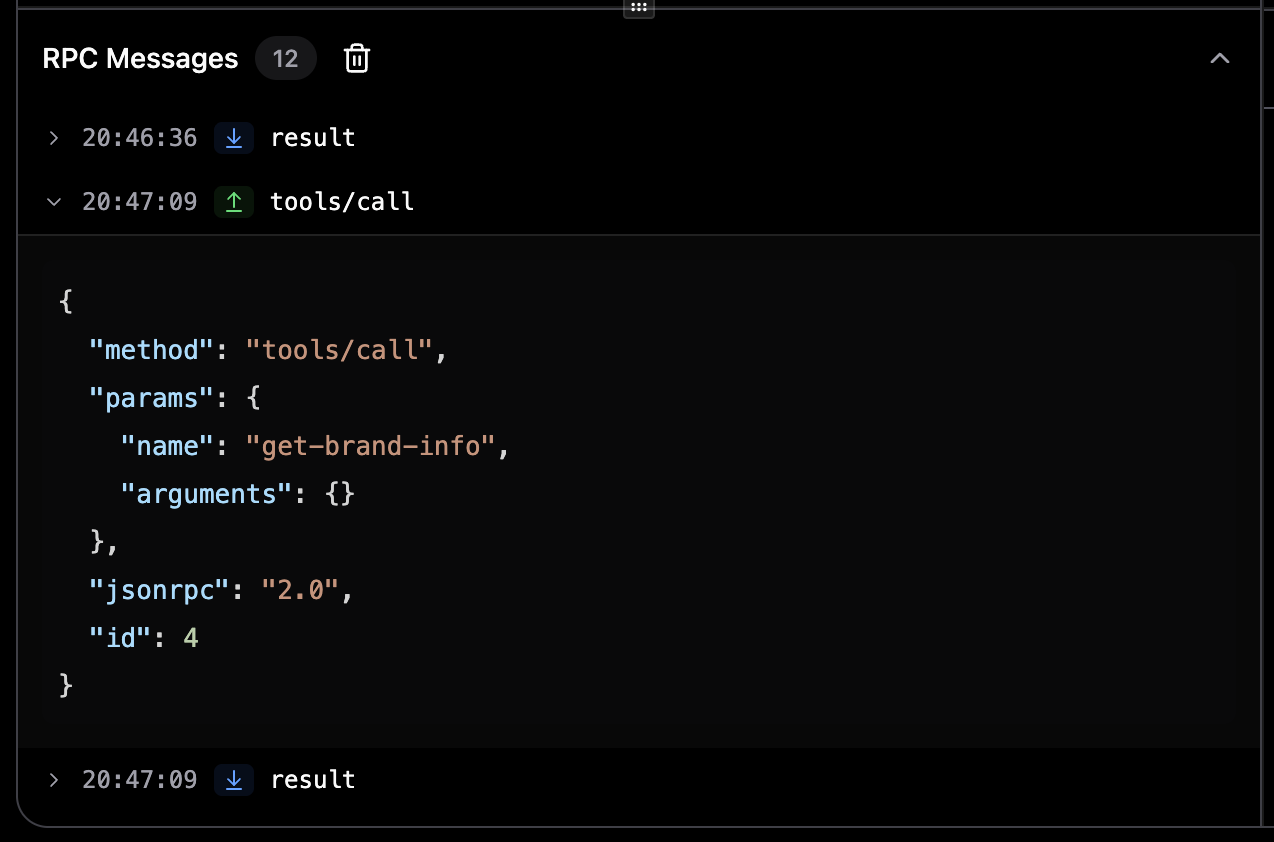 Detailed view of an expanded RPC message with JSON payload