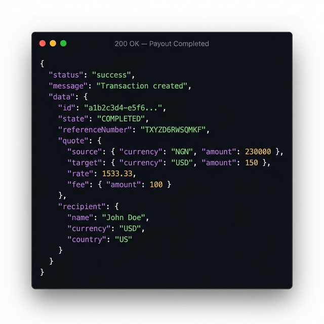 200 OK Payout Completed API Response