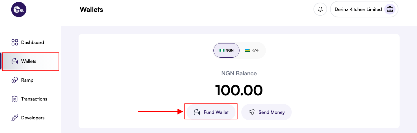 Wallets dashboard showing the Fund Wallet button beneath the balance card