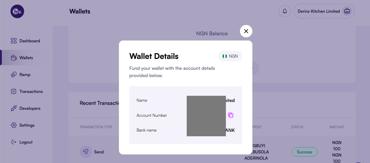 Fund Wallet modal displaying the destination account details